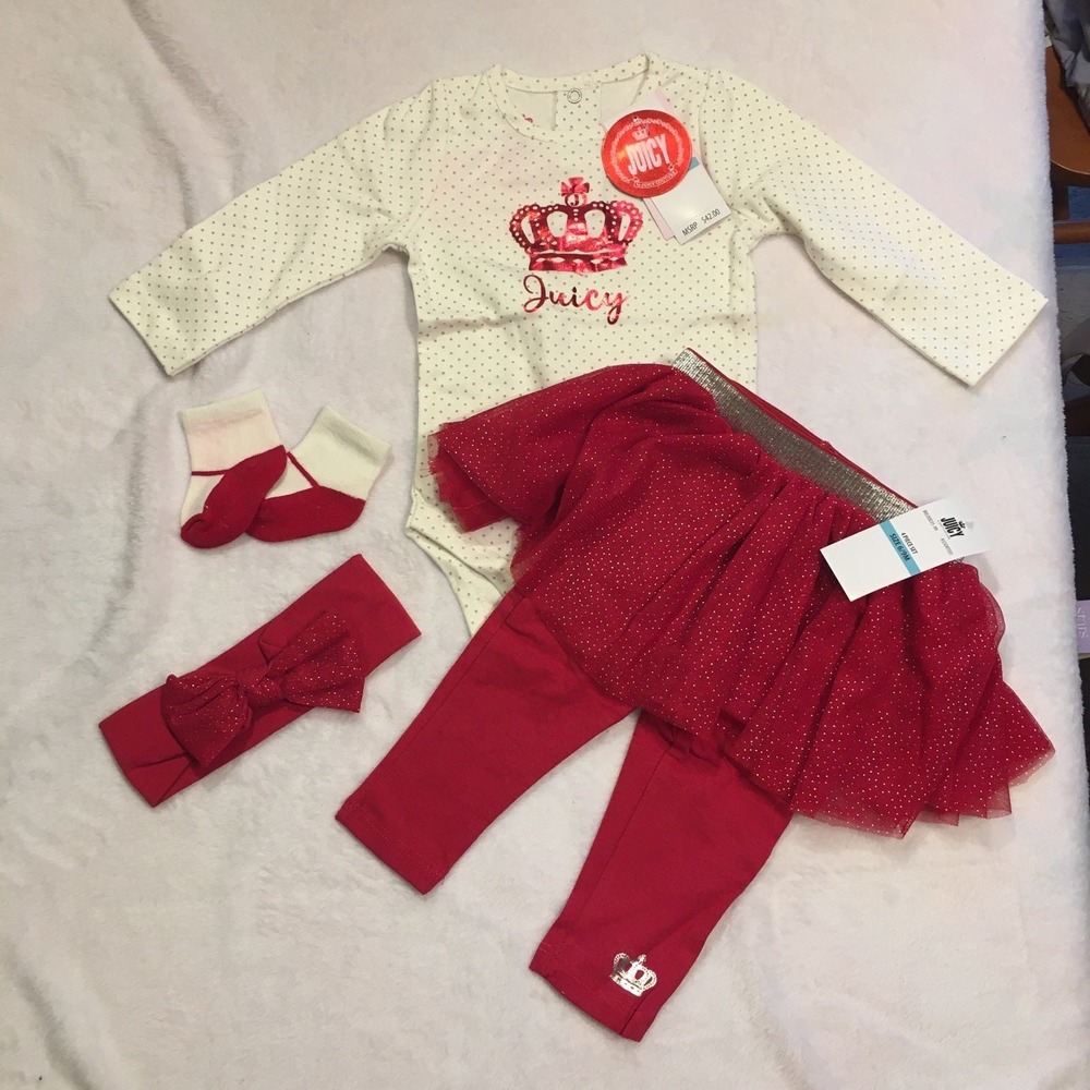 Juicy Couture 4pc Outfit Set Baby Girl 6/9M White Red New Tutu Bodysuit Crown